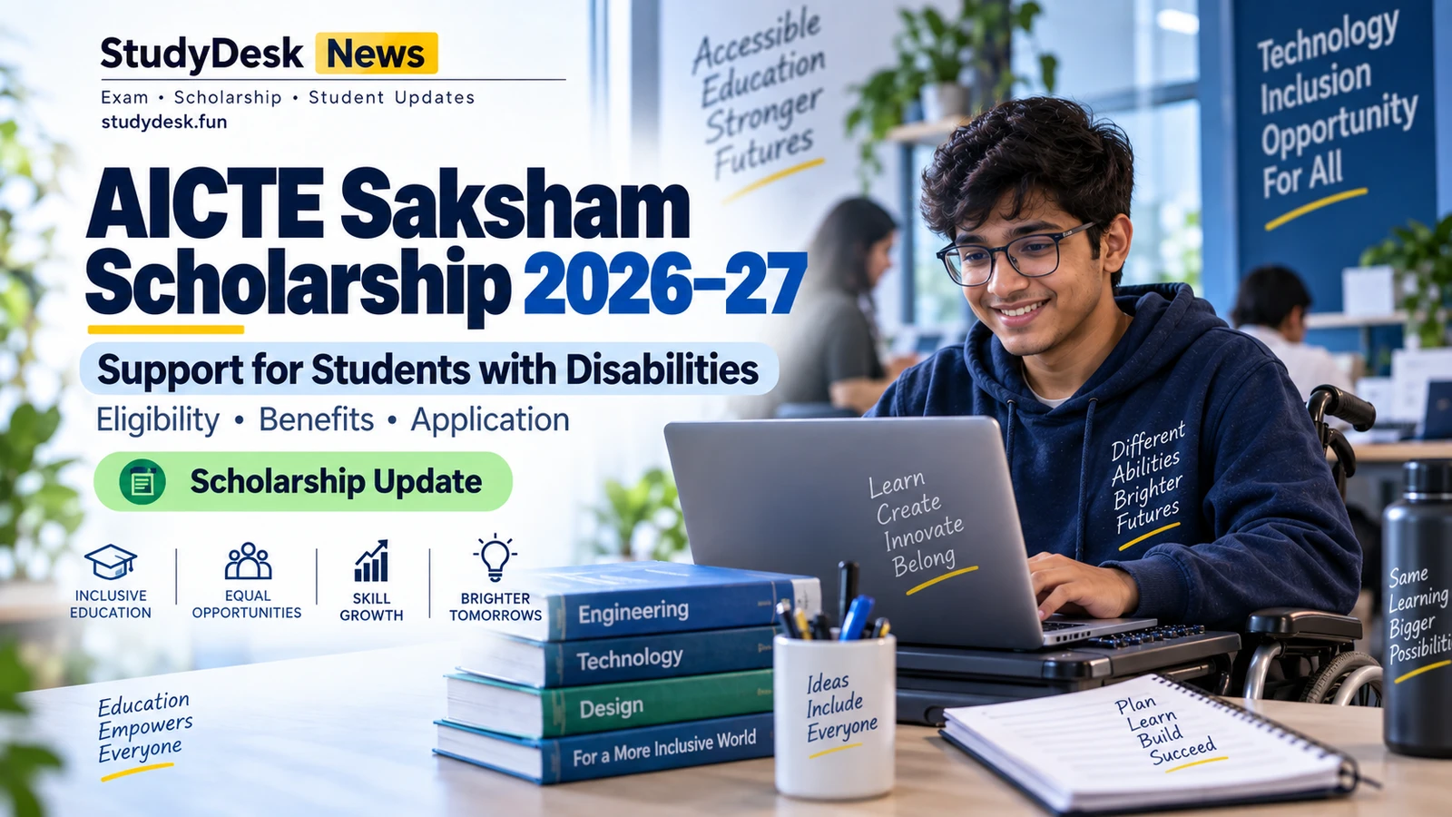 AICTE Saksham Scholarship 2026–27 — StudyDesk editorial cover