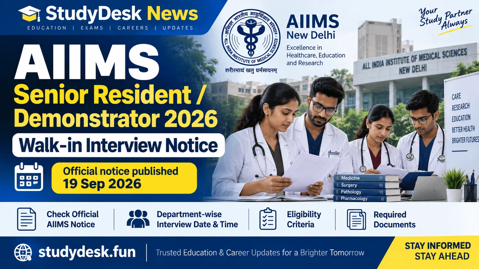 AIIMS Senior Resident 2026 — StudyDesk News editorial cover