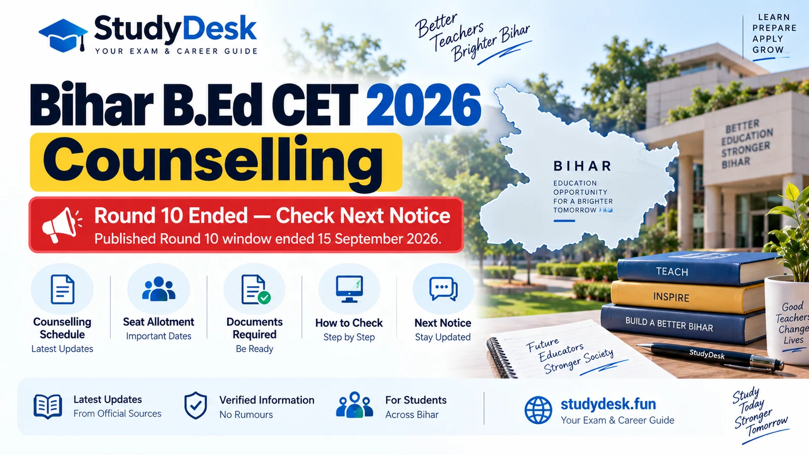 Bihar B.Ed CET 2026 counselling Round 10 ended and next notice status cover