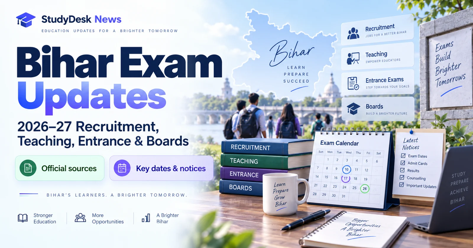 Bihar examination updates cover showing recruitment, teaching, entrance and board topics