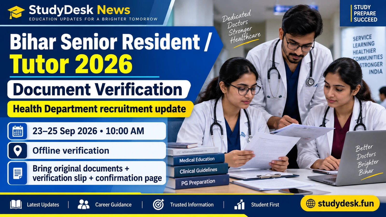 Bihar Senior Resident/Tutor 2026 Document Verification — StudyDesk News editorial cover