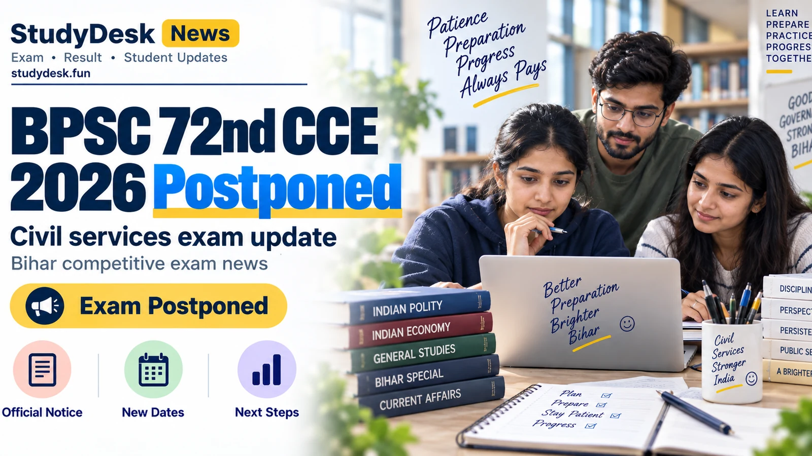 BPSC 72nd CCE Postponed — StudyDesk News editorial cover