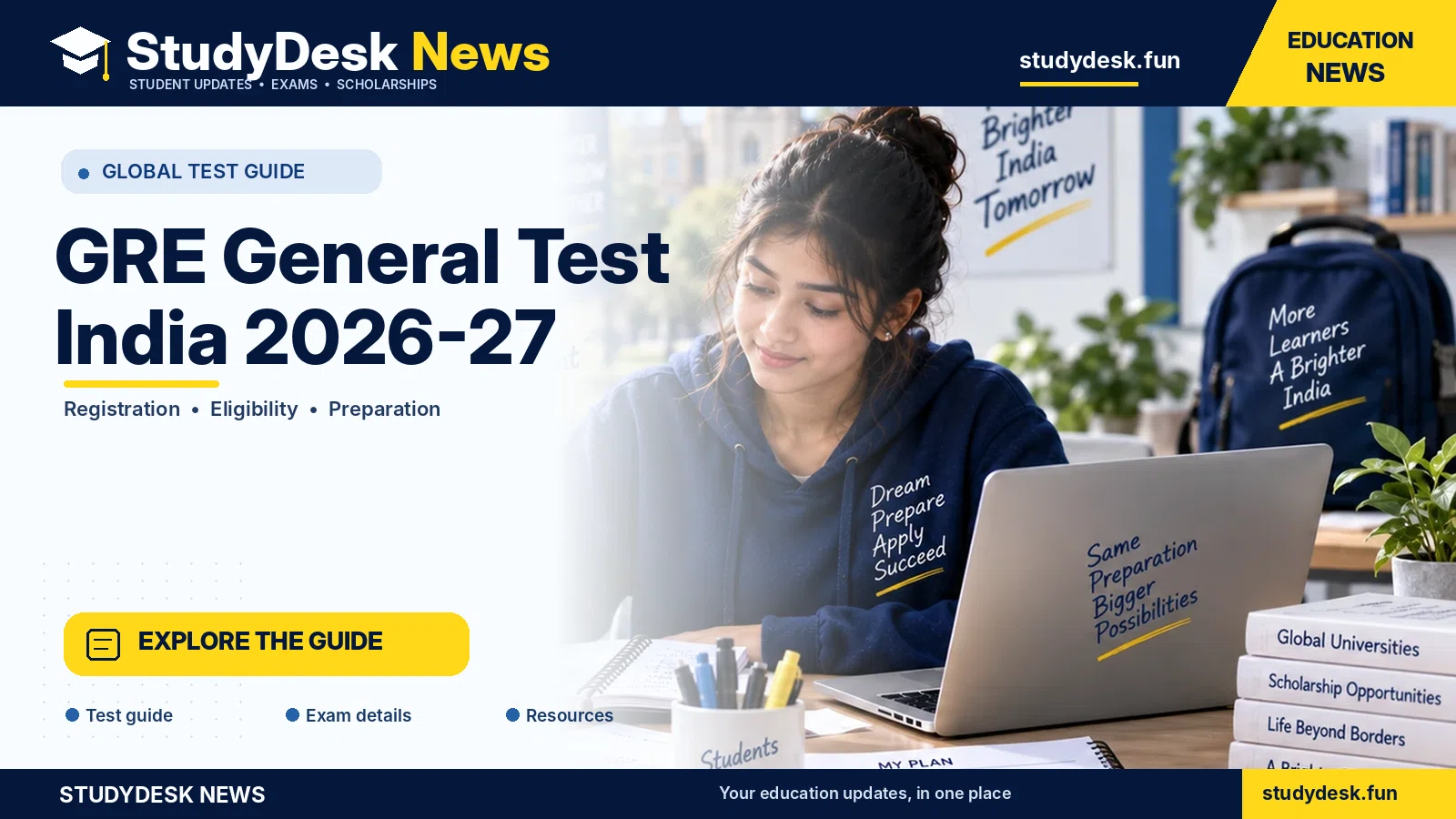 GRE General Test India 2026–27 — StudyDesk News editorial banner