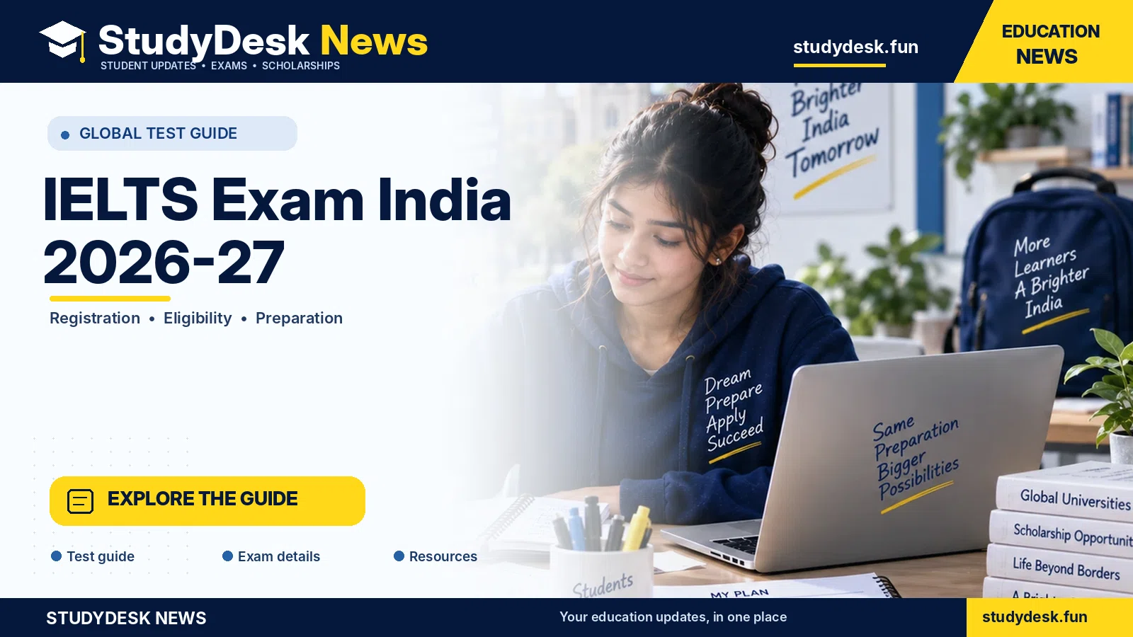 IELTS Exam India 2026–27 — StudyDesk News editorial banner