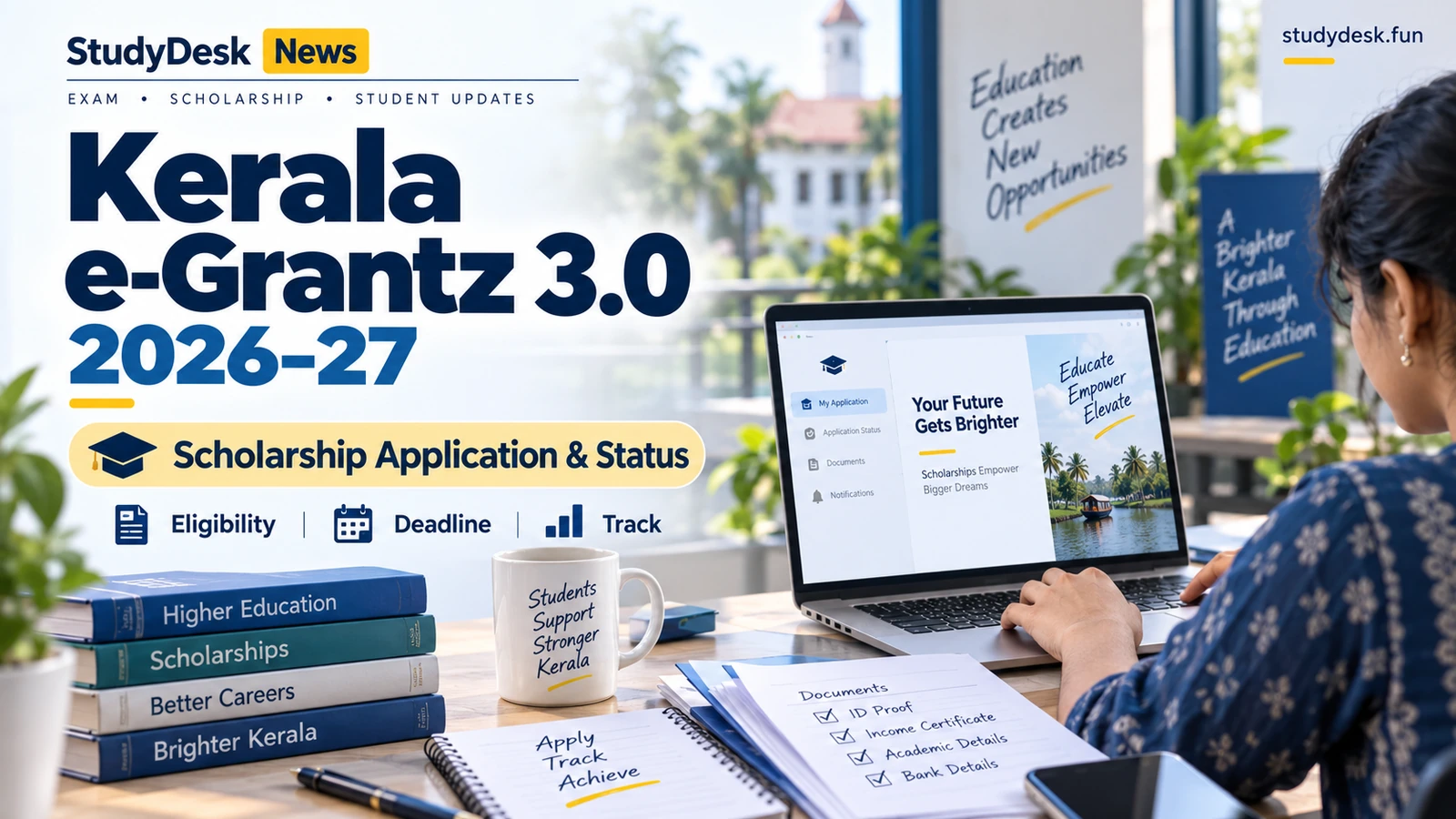 Kerala e-Grantz 3.0 Scholarships 2026–27 — StudyDesk editorial cover