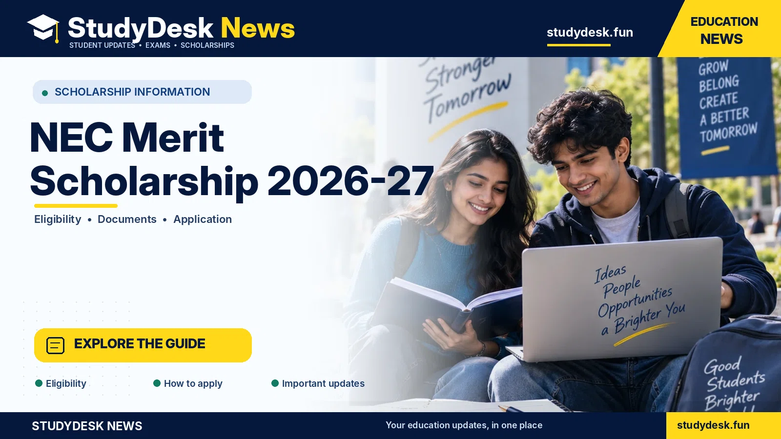NEC Merit Scholarship 2026–27 — StudyDesk News editorial banner