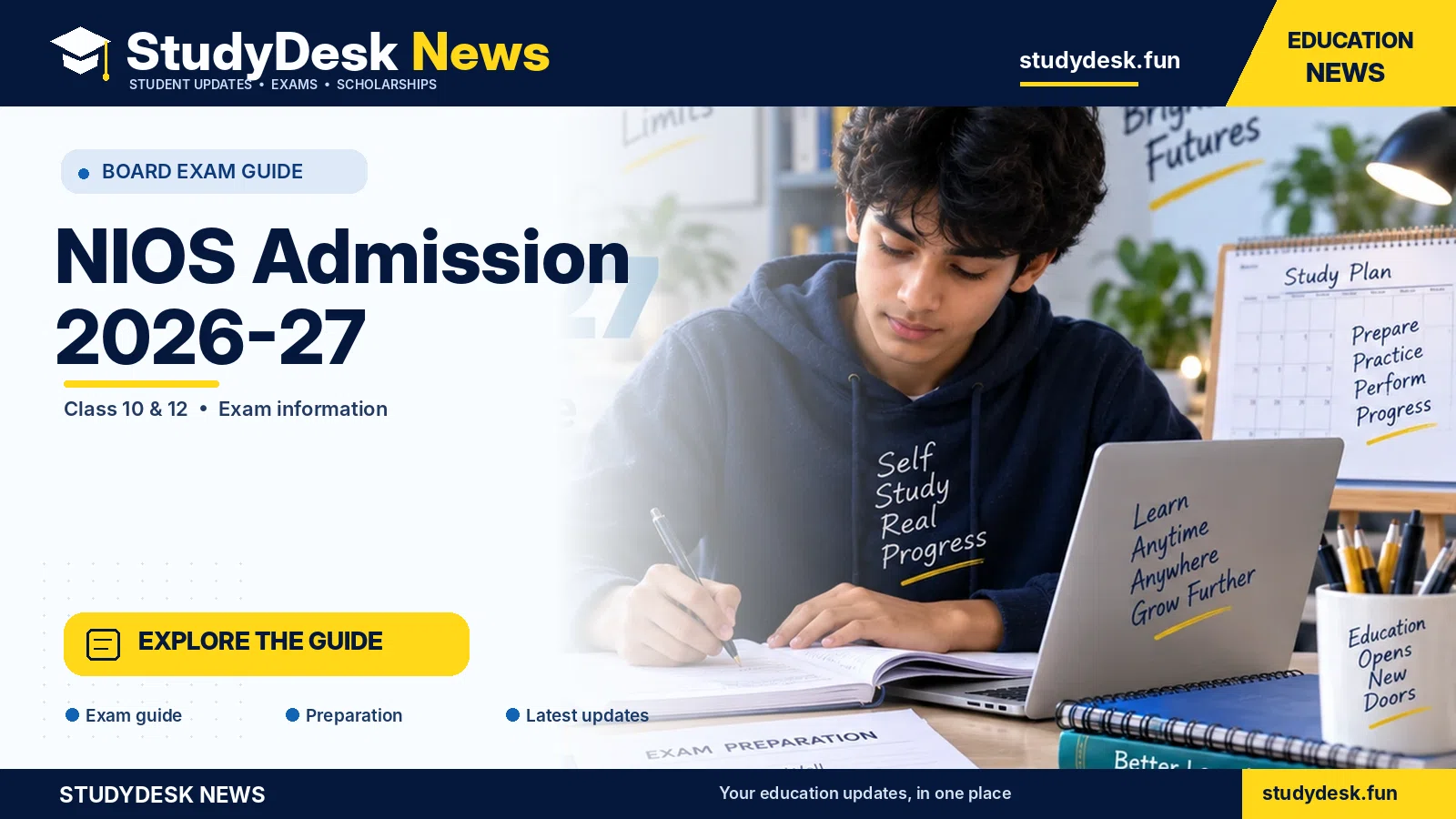 NIOS Admission 2026–27 — StudyDesk News editorial banner