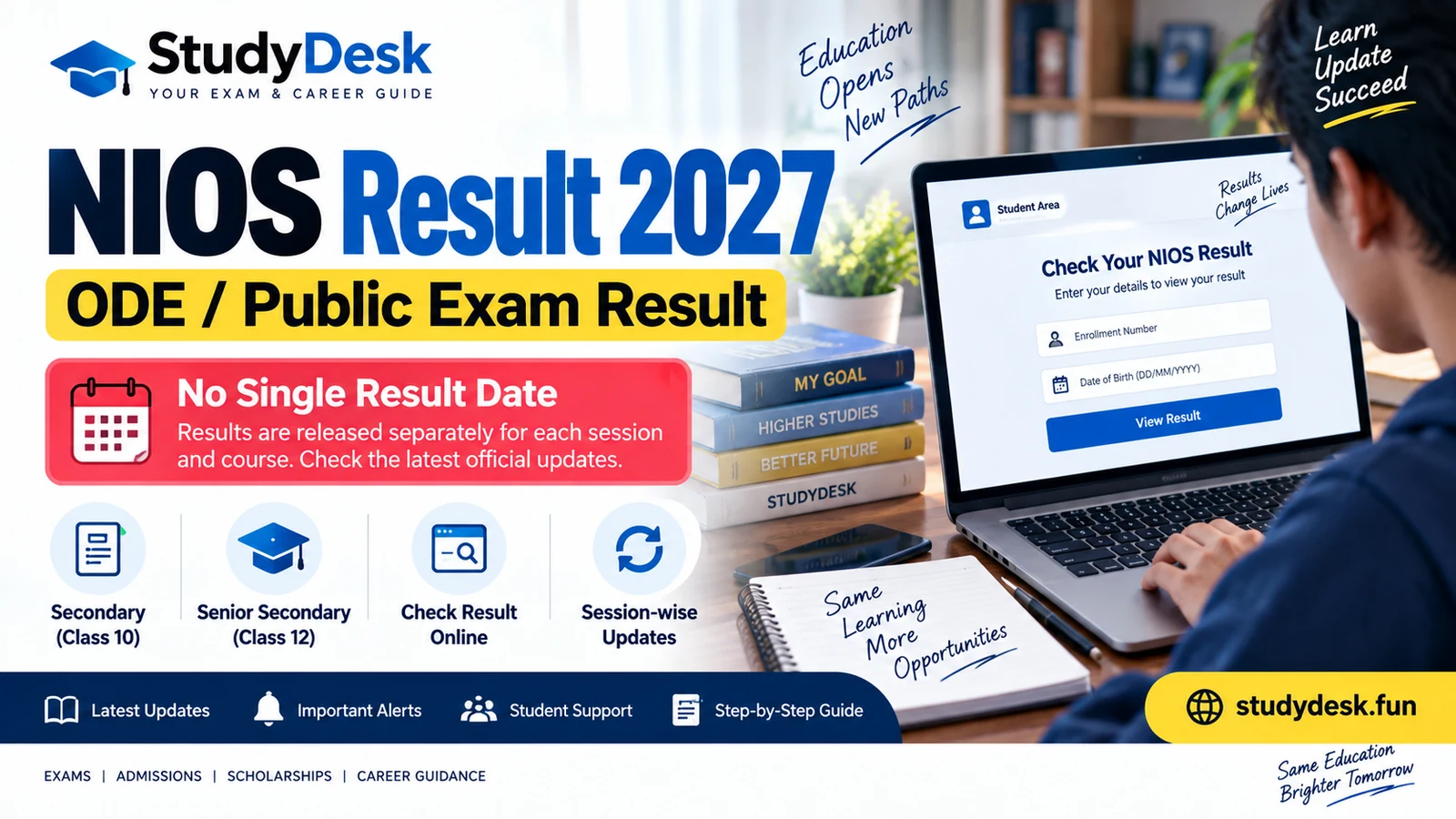 NIOS Result 2027 ODE and public examination result status cover