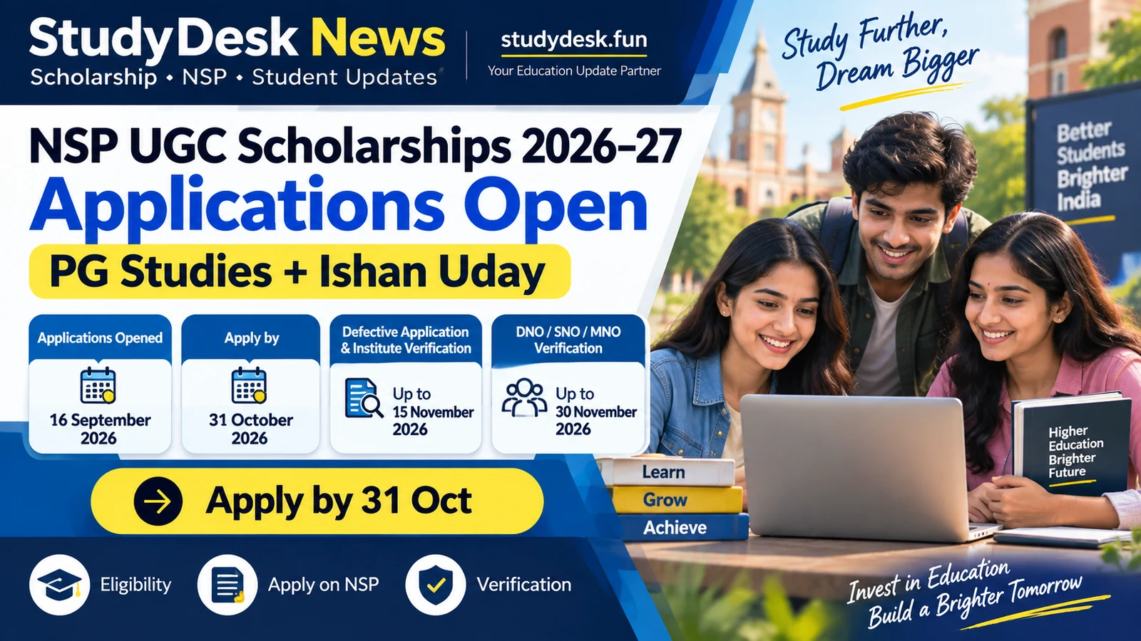 NSP UGC Scholarships Open 2026–27 — StudyDesk News editorial cover