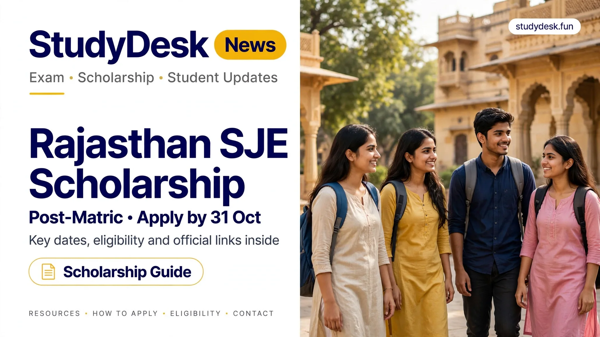 Rajasthan SJE Scholarship 2026-27 — StudyDesk editorial cover