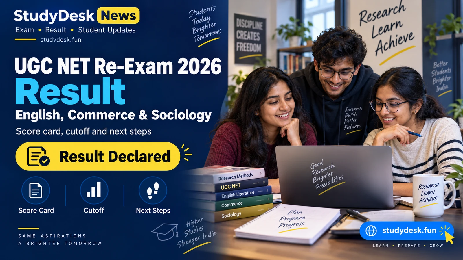 UGC NET re-exam result 2026 — StudyDesk News editorial cover