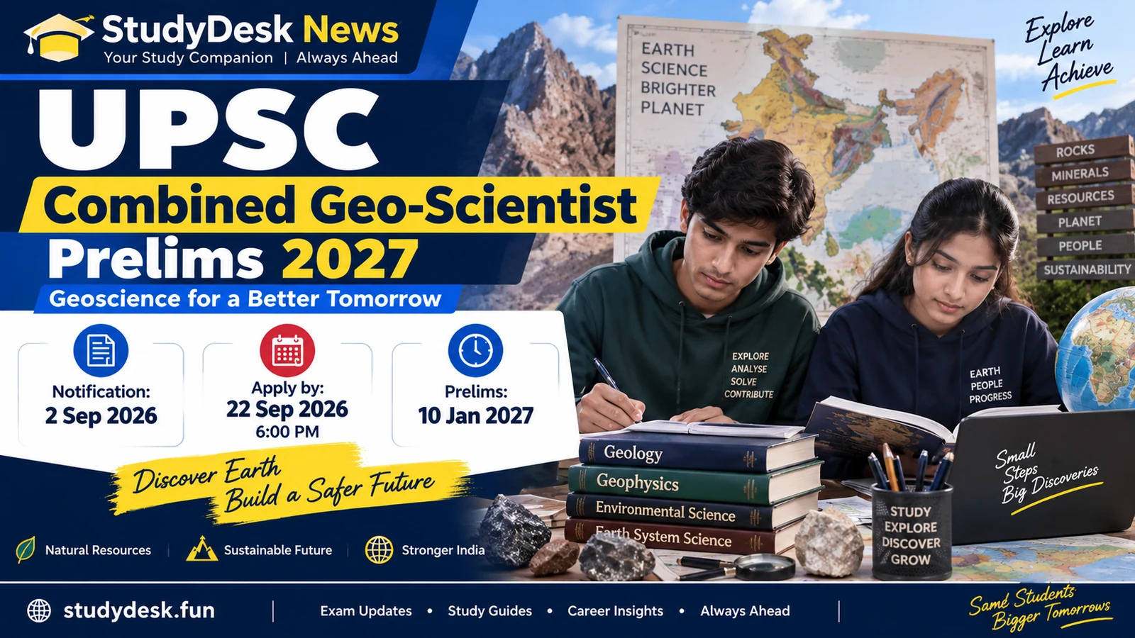 UPSC Combined Geo-Scientist Prelims 2027 — StudyDesk News editorial cover