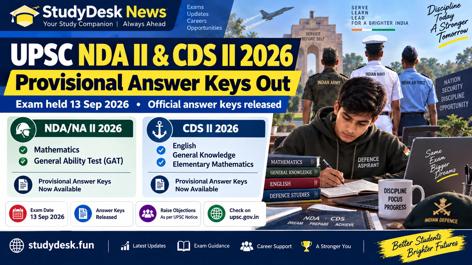 UPSC NDA II & CDS II 2026 provisional answer keys — StudyDesk News editorial cover
